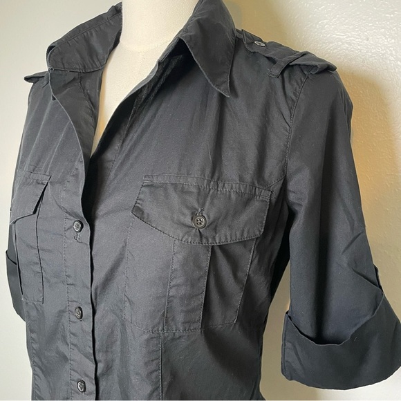 Norma Kamali Contrast Ribbed Button Down Shirt Short Sleeve Black Women's M - Picture 8 of 12